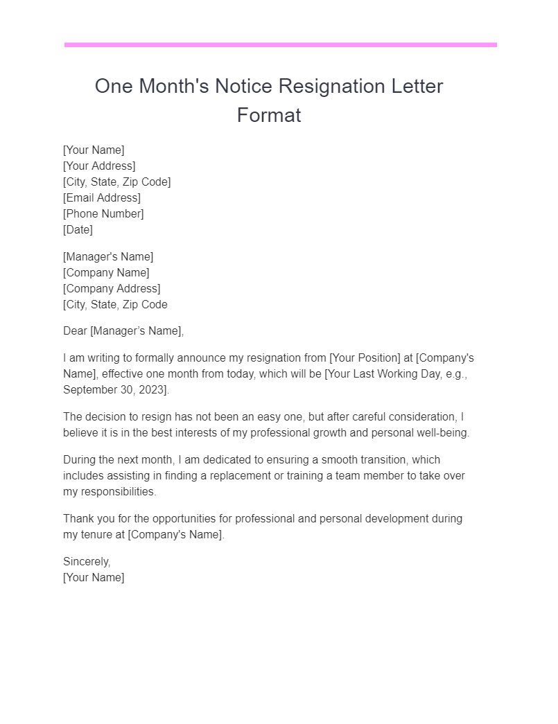 one months notice resignation letter format