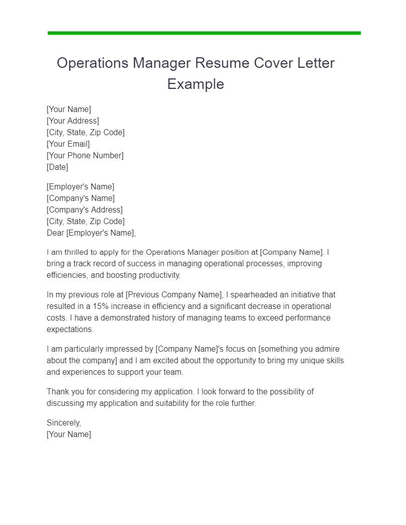 operations manager resume cover letter example