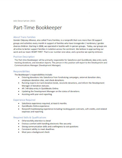 Part Time Bookkeeper Resume Example