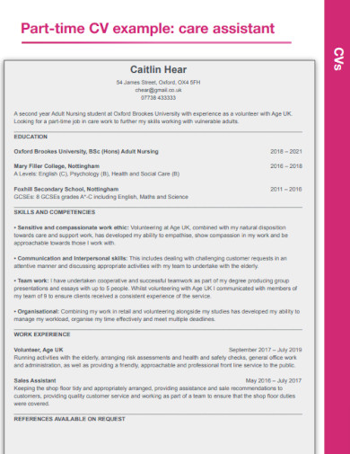 Part Time CV Example for Care Assistant