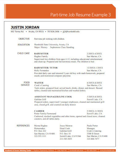 Part Time Job Resume Example