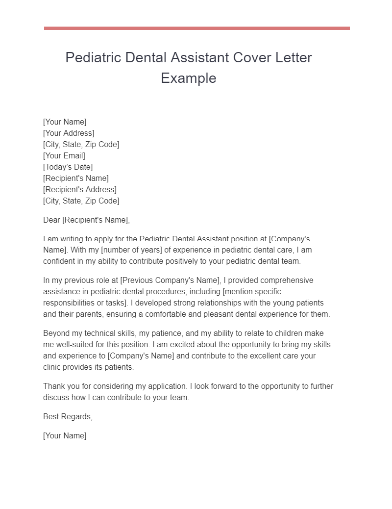 Pediatric Dental Assistant Cover Letter Example