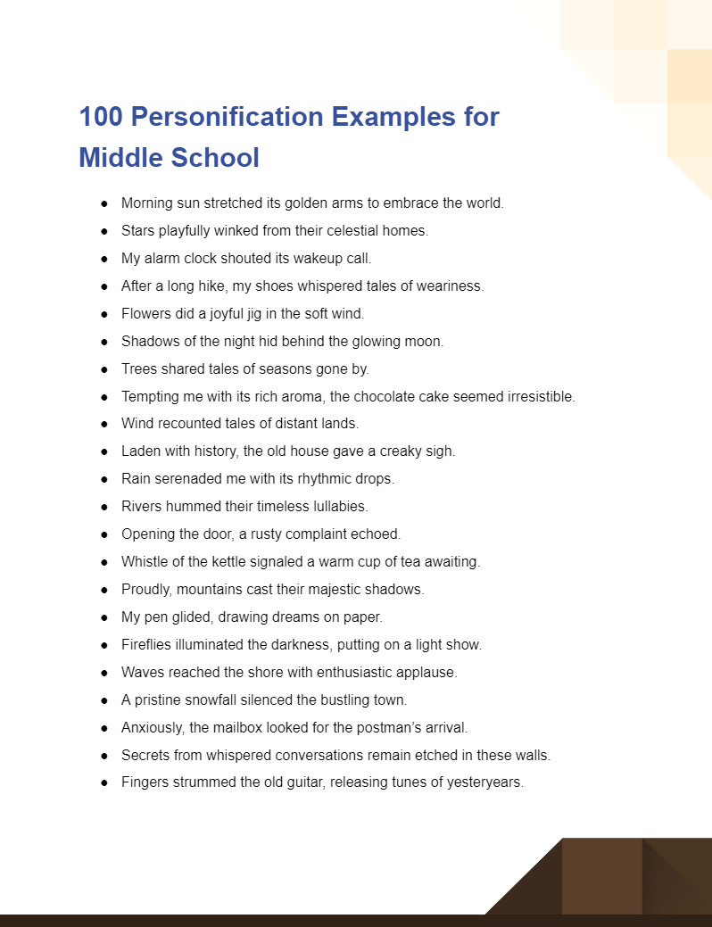 personification examples for middle school