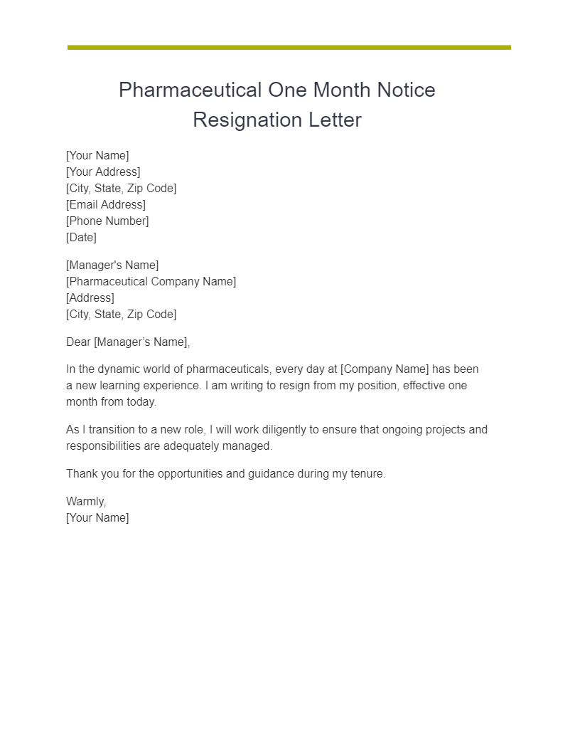 pharmaceutical one month notice resignation letter