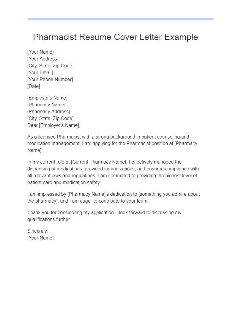 pharmacist resume cover letter example