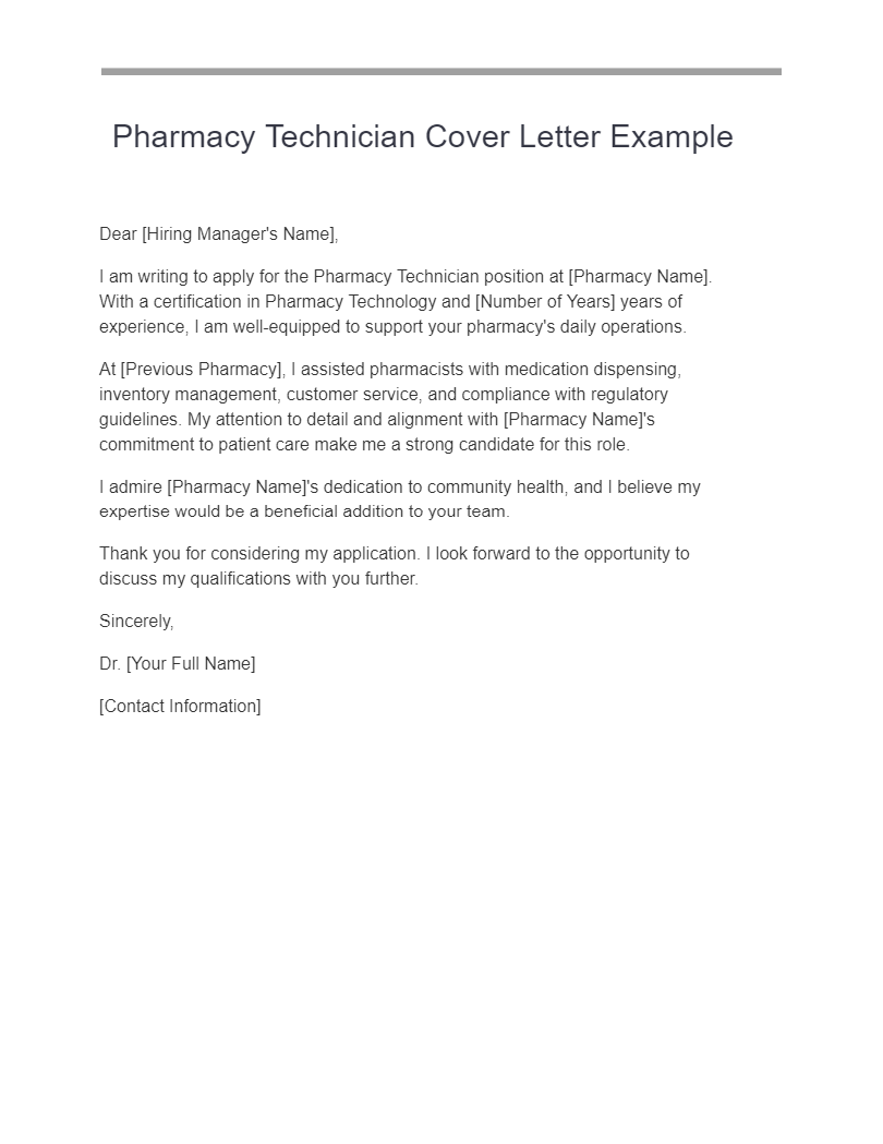 pharmacy technician cover letter example