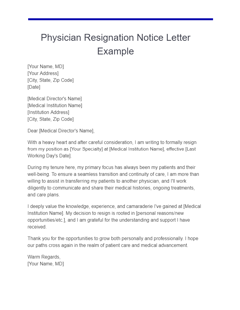physician resignation notice letter example