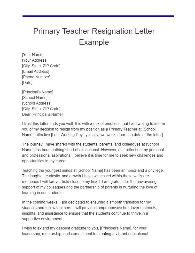 primary teacher resignation letter examples