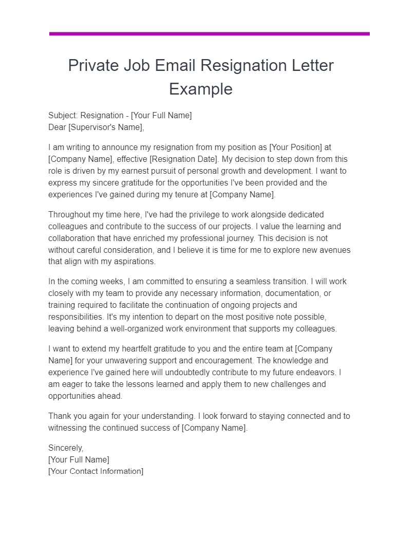 private job email resignation letter example