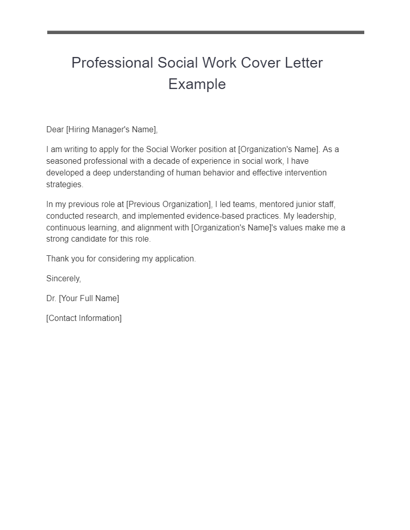 professional social work cover letter example