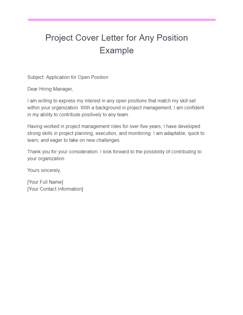 project cover letter for any position example