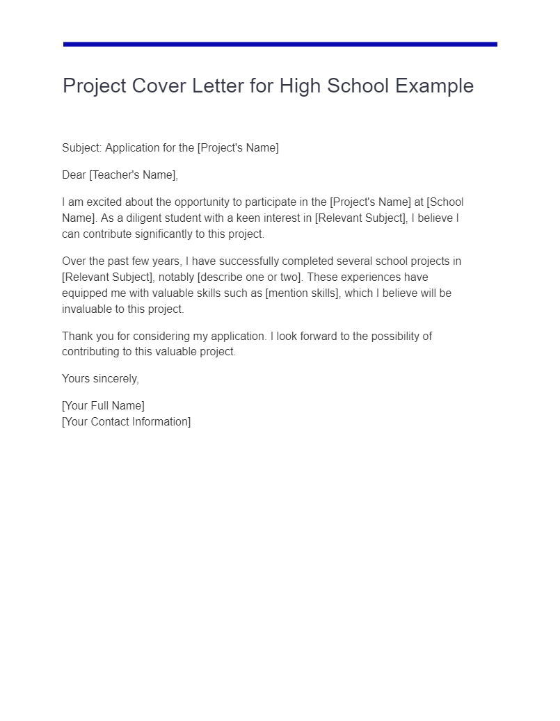 project cover letter for high school example