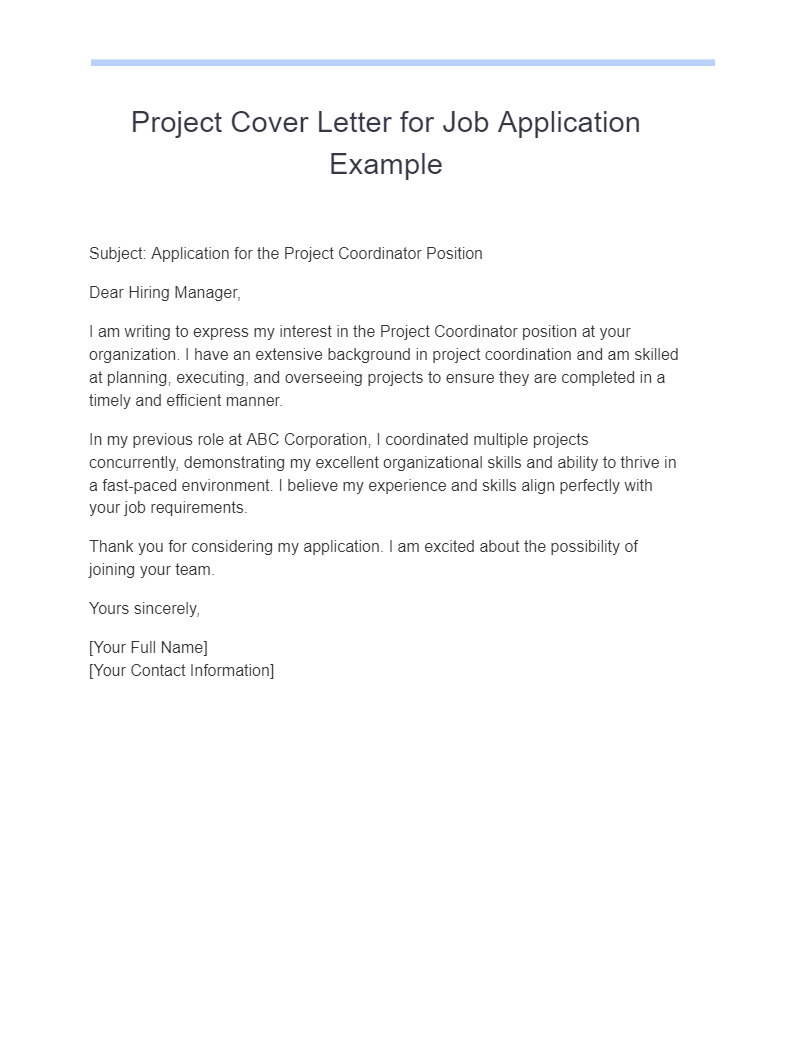 project cover letter for job application example