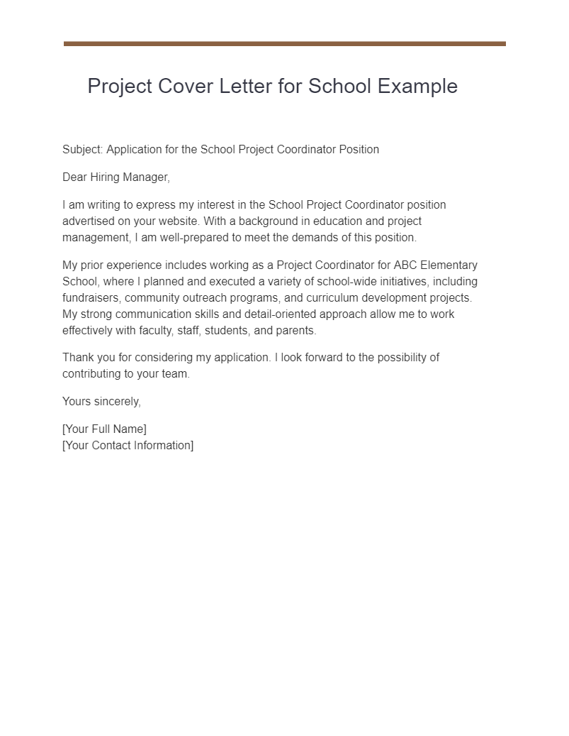 project cover letter for school example