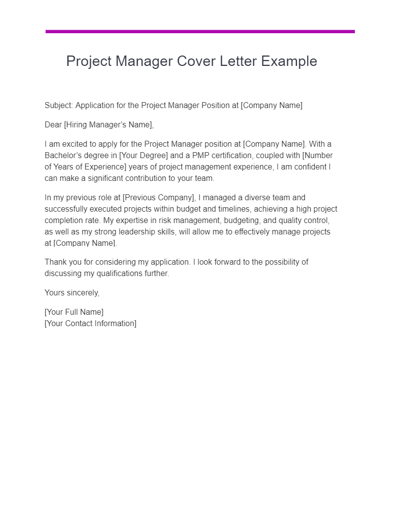 project manager cover letter example