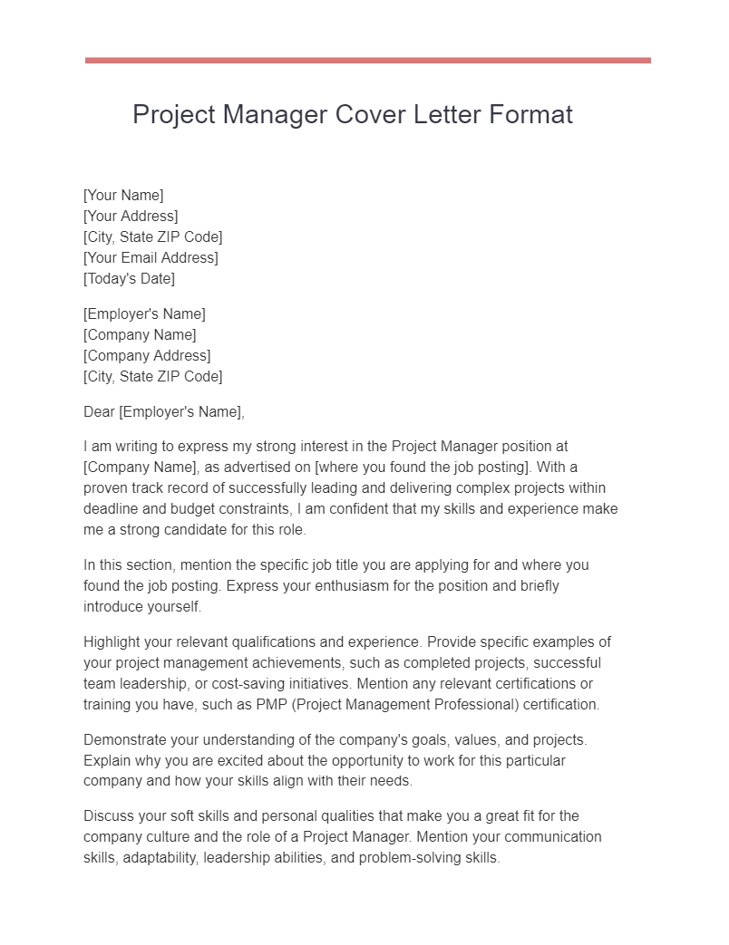 project manager cover letter format