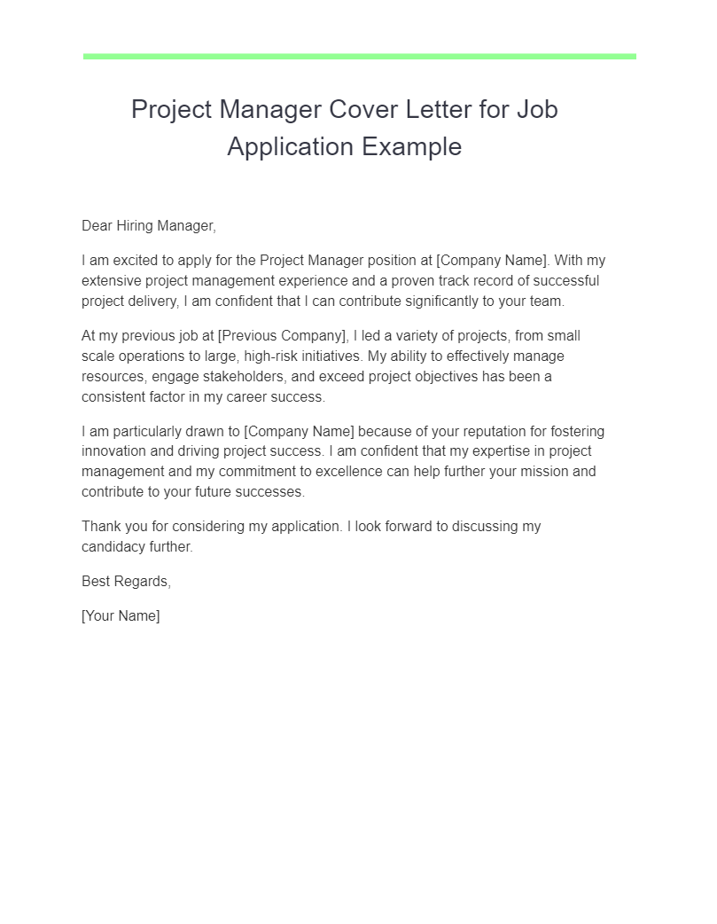 project manager cover letter for job application example