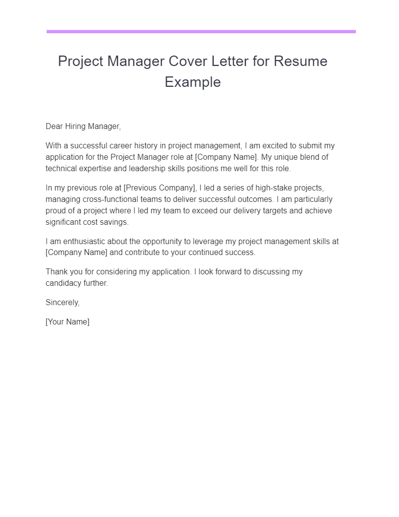 project manager cover letter for resume example