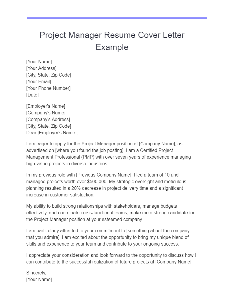 project manager resume cover letter example