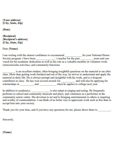 Recommendation Letter of National Honor Society Resume Example