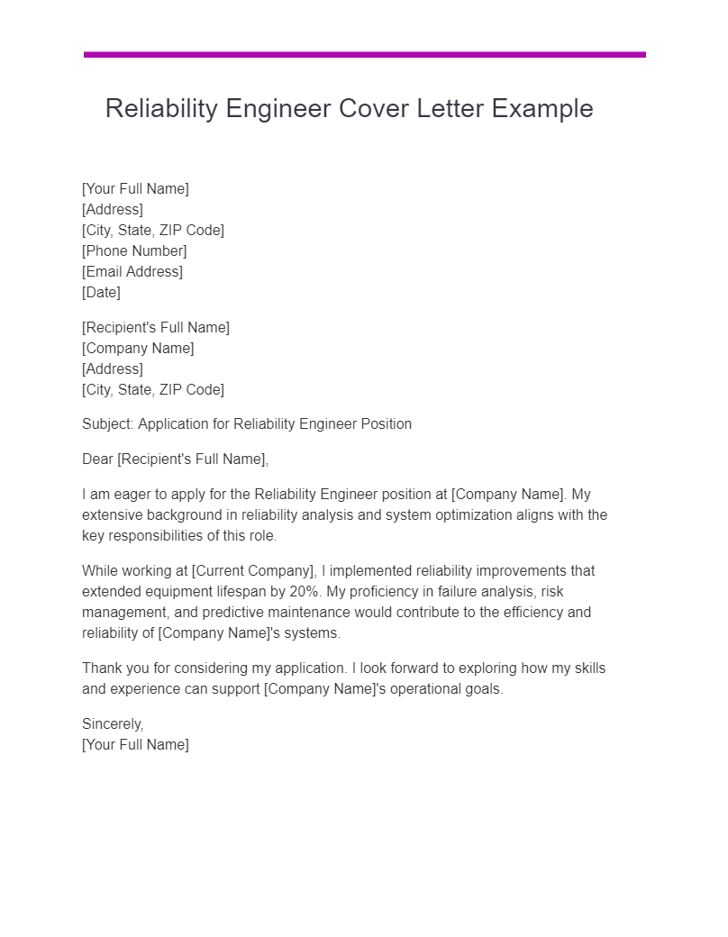 reliability engineer cover letter example