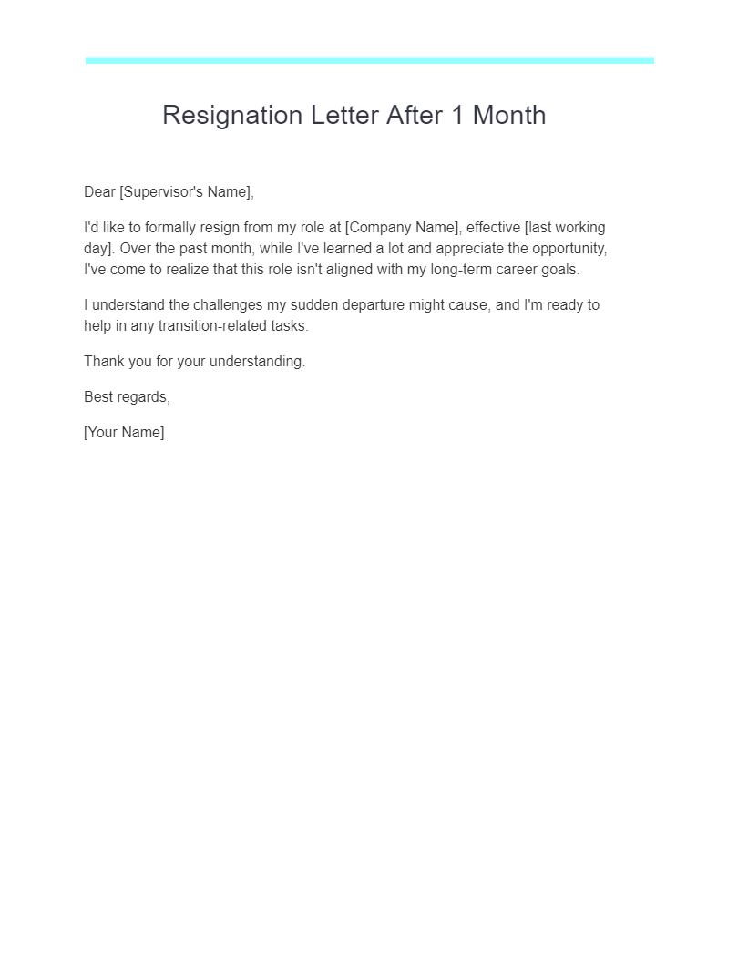 resignation letter after 1 month