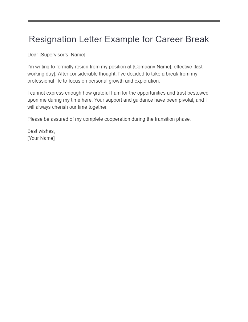 resignation letter example for career break