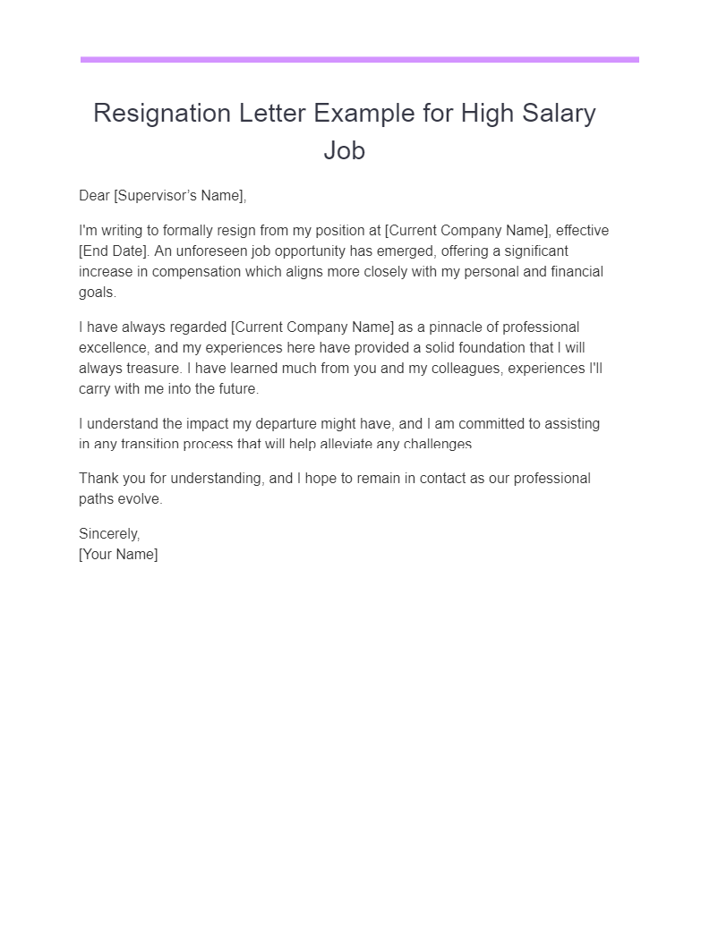 resignation letter example for high salary job