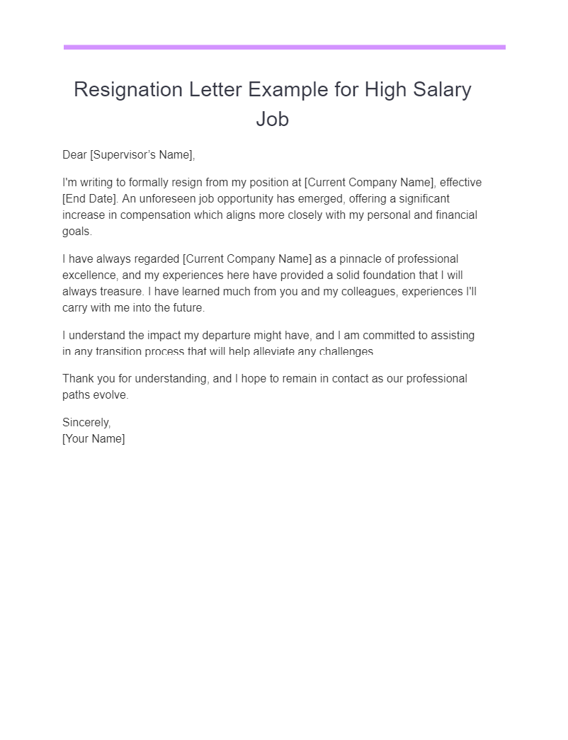 Resignation Letter Example for High Salary Job