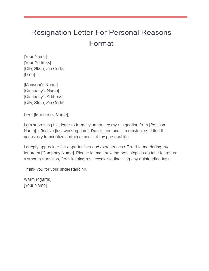 resignation letter for personal reasons format