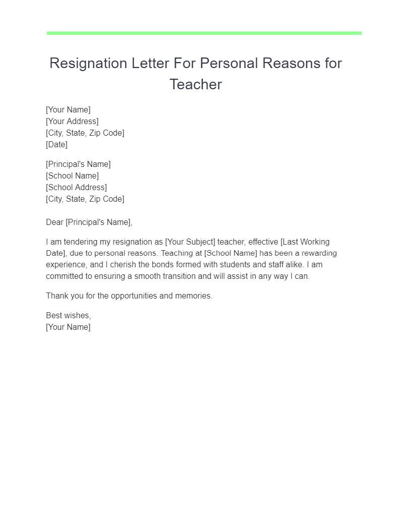 resignation letter for personal reasons for teacher