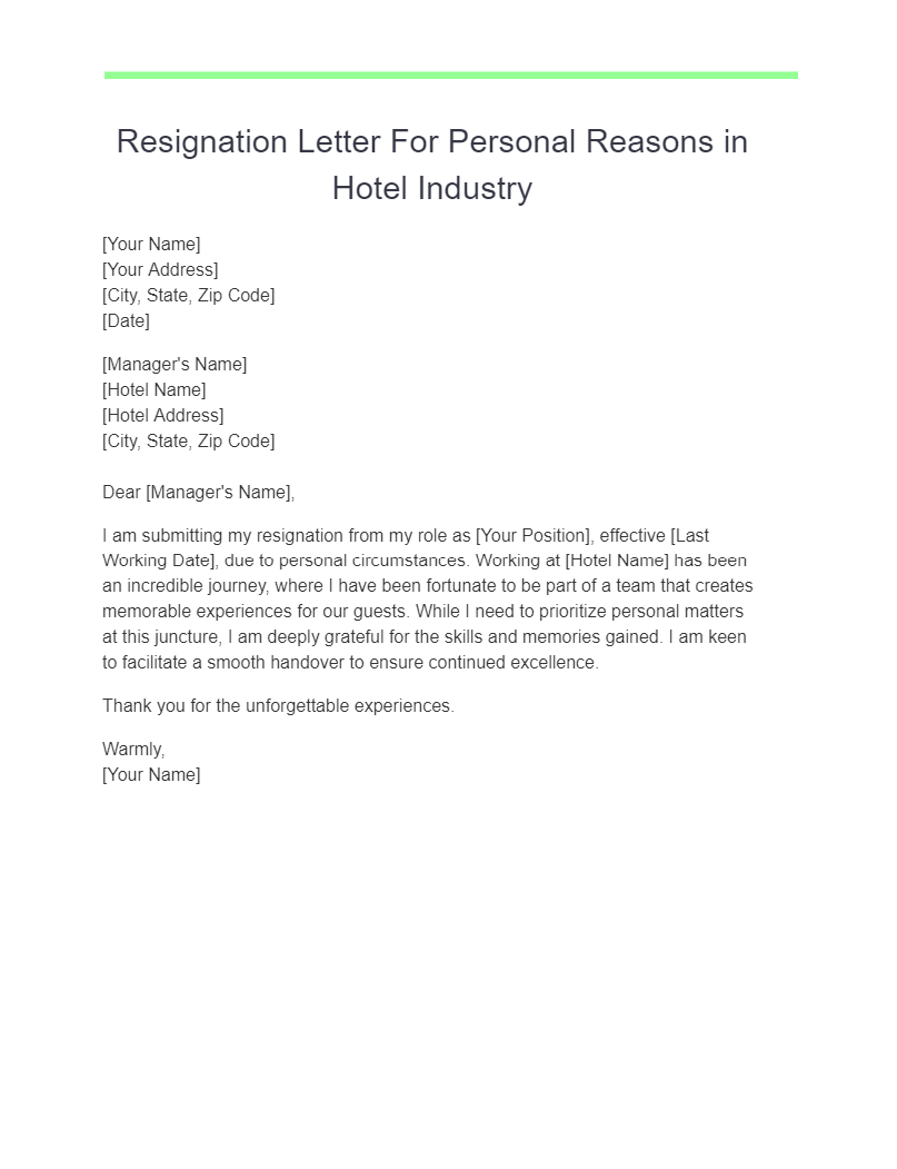 resignation letter for personal reasons in hotel industry