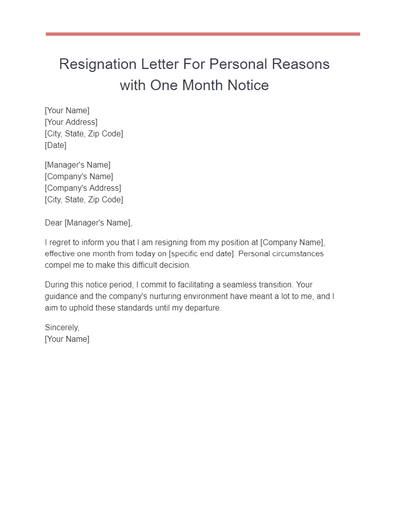resignation letter for personal reasons with one month notice