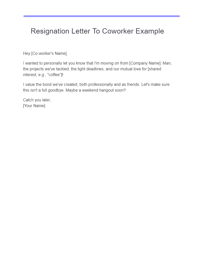 Resignation Letter To Co-Worker Example