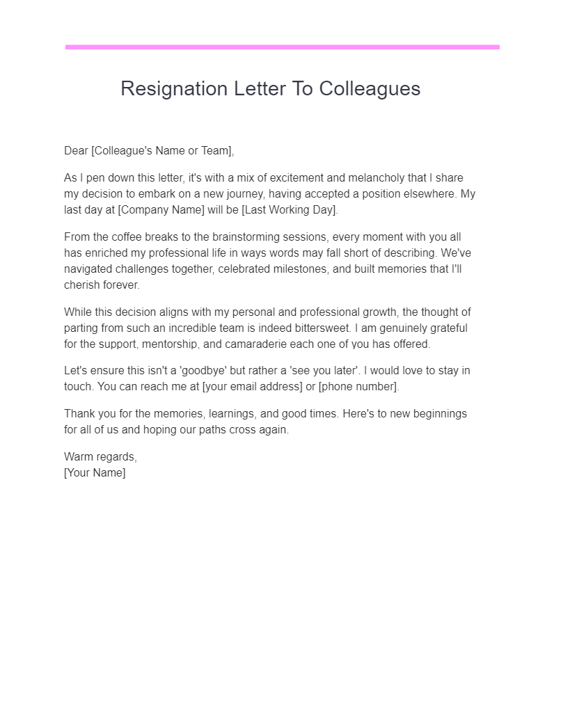resignation letter to colleagues