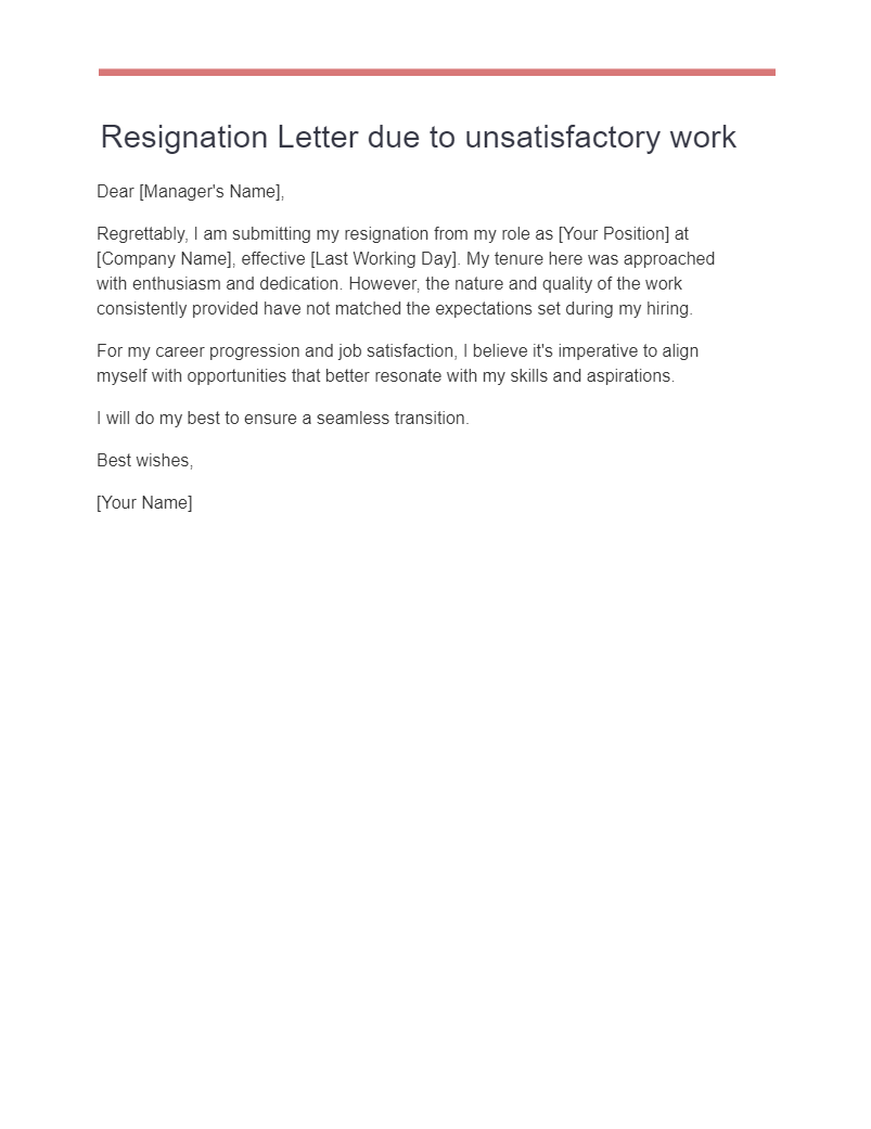 resignation letter due to unsatisfactory work