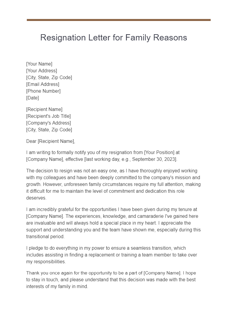 Resignation Letter For Family Reasons 17 Examples Tips