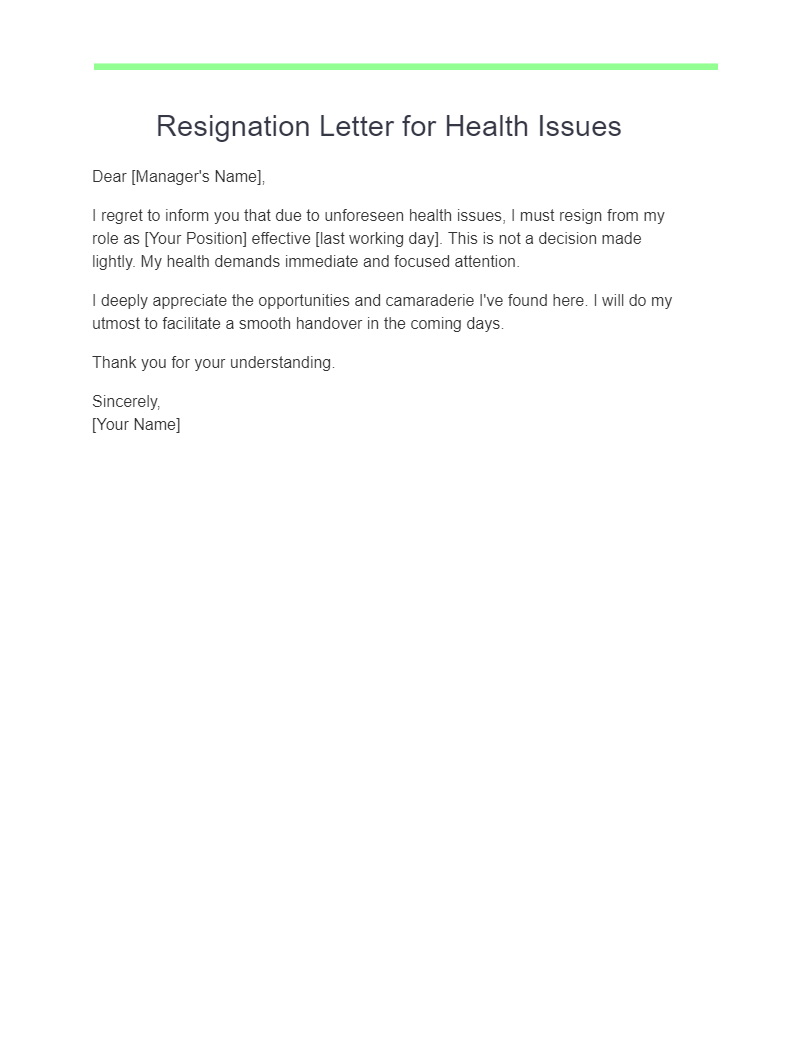 resignation letter for health issues