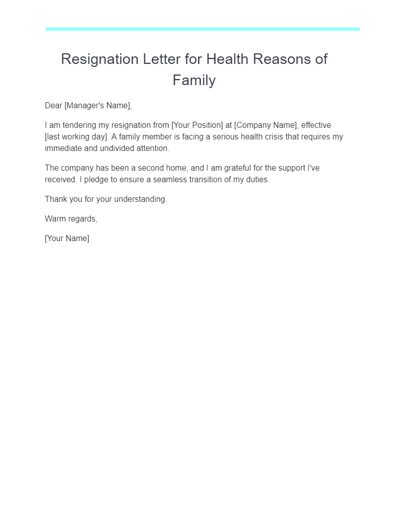 resignation letter for health reasons of family
