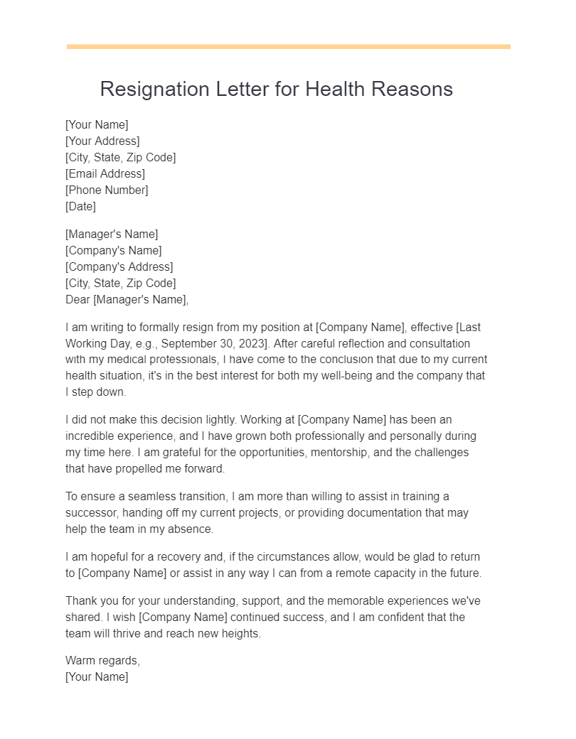 resignation letter for health reasonss