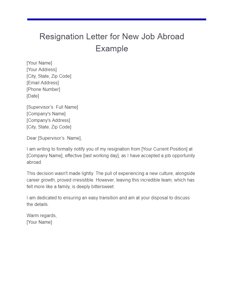 resignation letter for new job abroad example