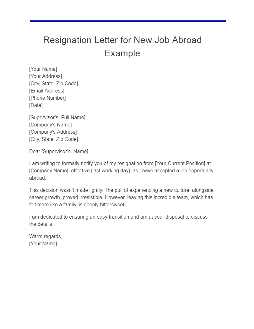 Resignation Letter for New Job Abroad Example