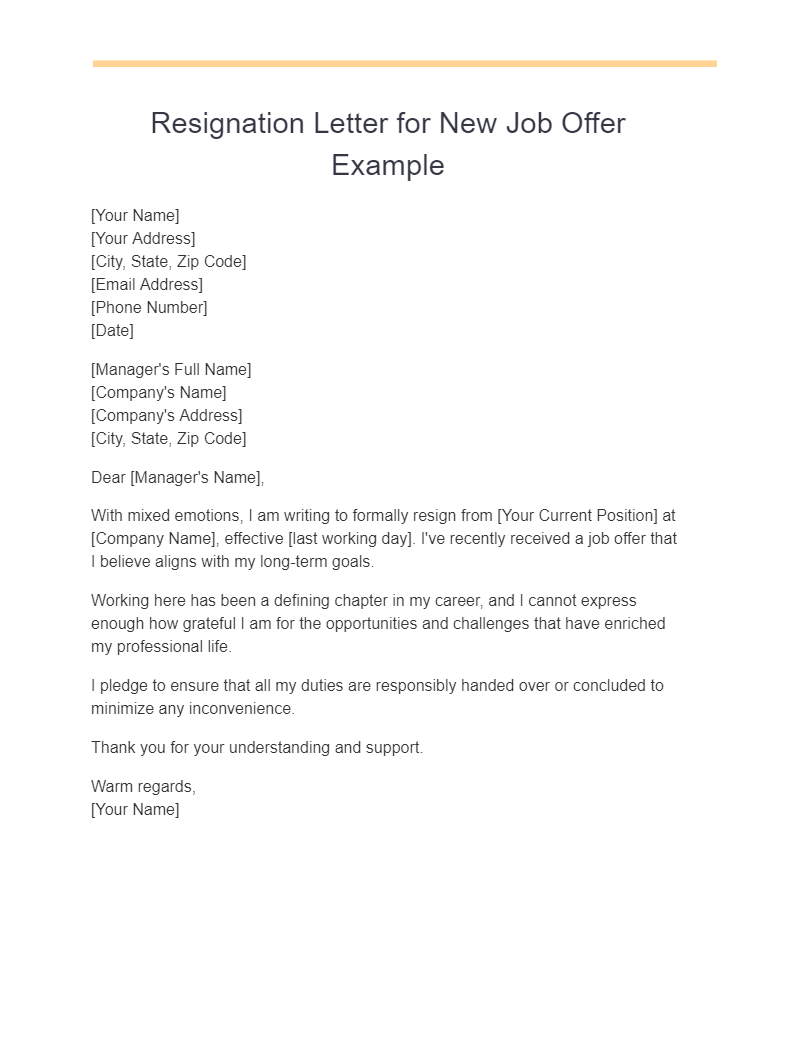 resignation letter for new job offer example