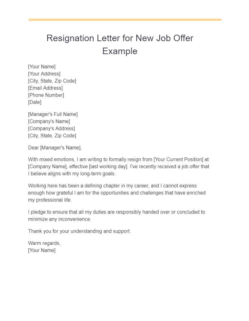 Resignation Letter for New Job Offer Example