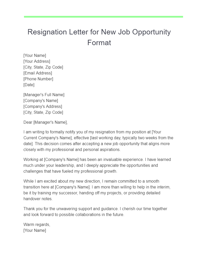 Resignation Letter for New Job Opportunity Format