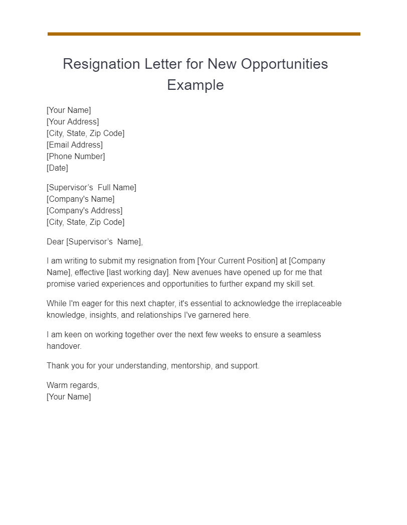 Resignation Letter for New Opportunities Example