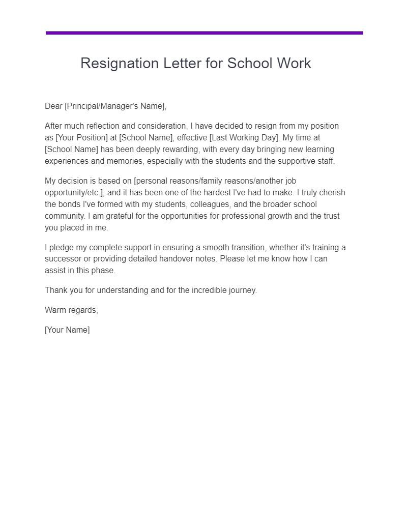 resignation letter for school work