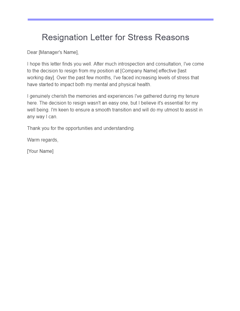 resignation letter for stress reasons