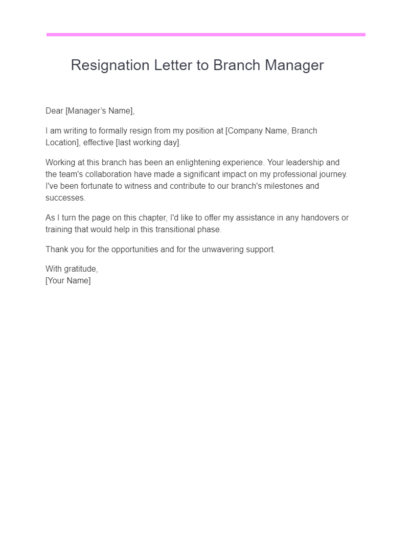 resignation letter to branch manager