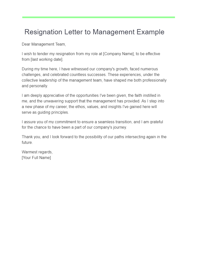 resignation letter to management example